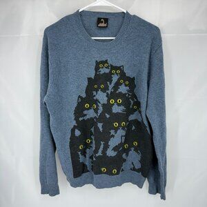 Pretty Snake Women L Cat Eyes Sweater Blue Crazy Kitty Knit Wool Crewneck